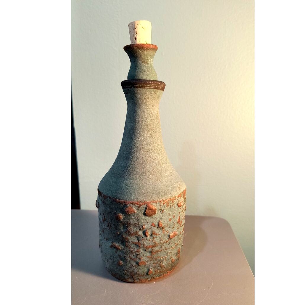 884. MCM Studio Art Clay Pottery Teal and Gold with Stopper